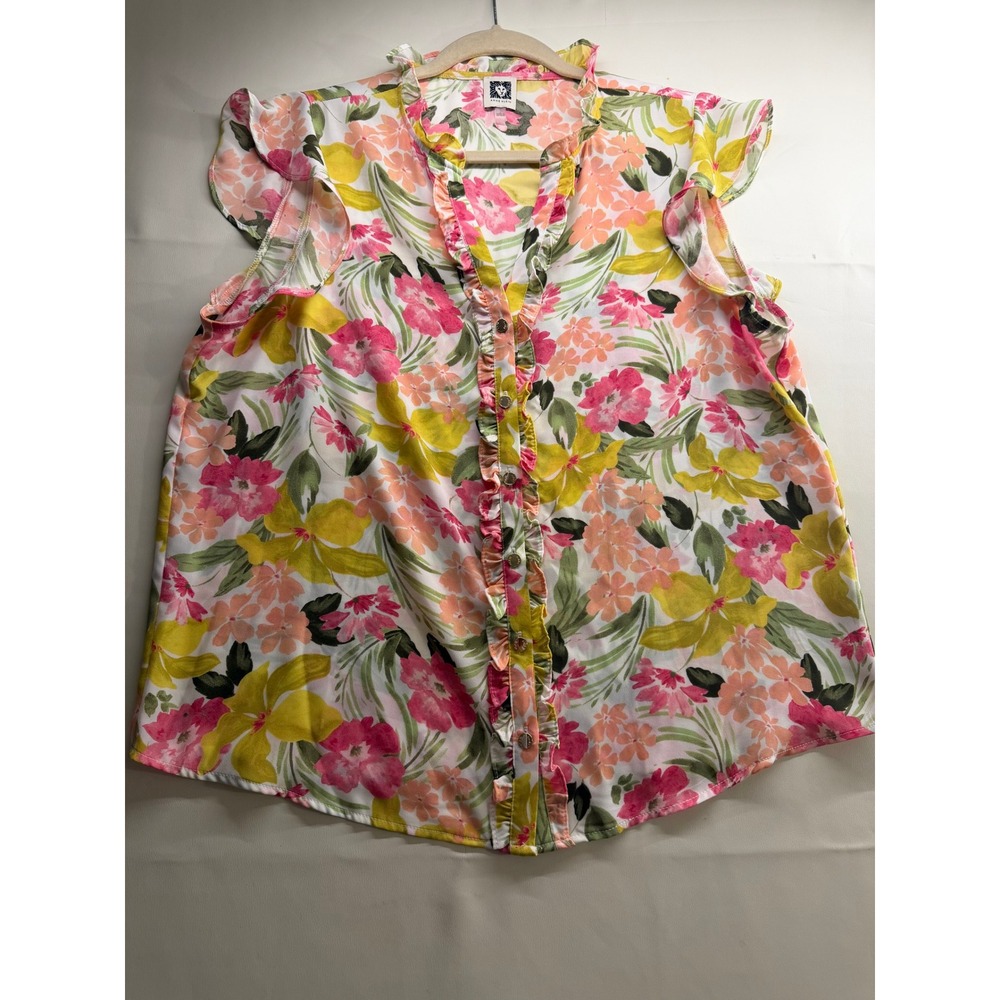 Anne Klein Floral Ruffle Button Front Sleeveless Blouse Pink Yellow Large